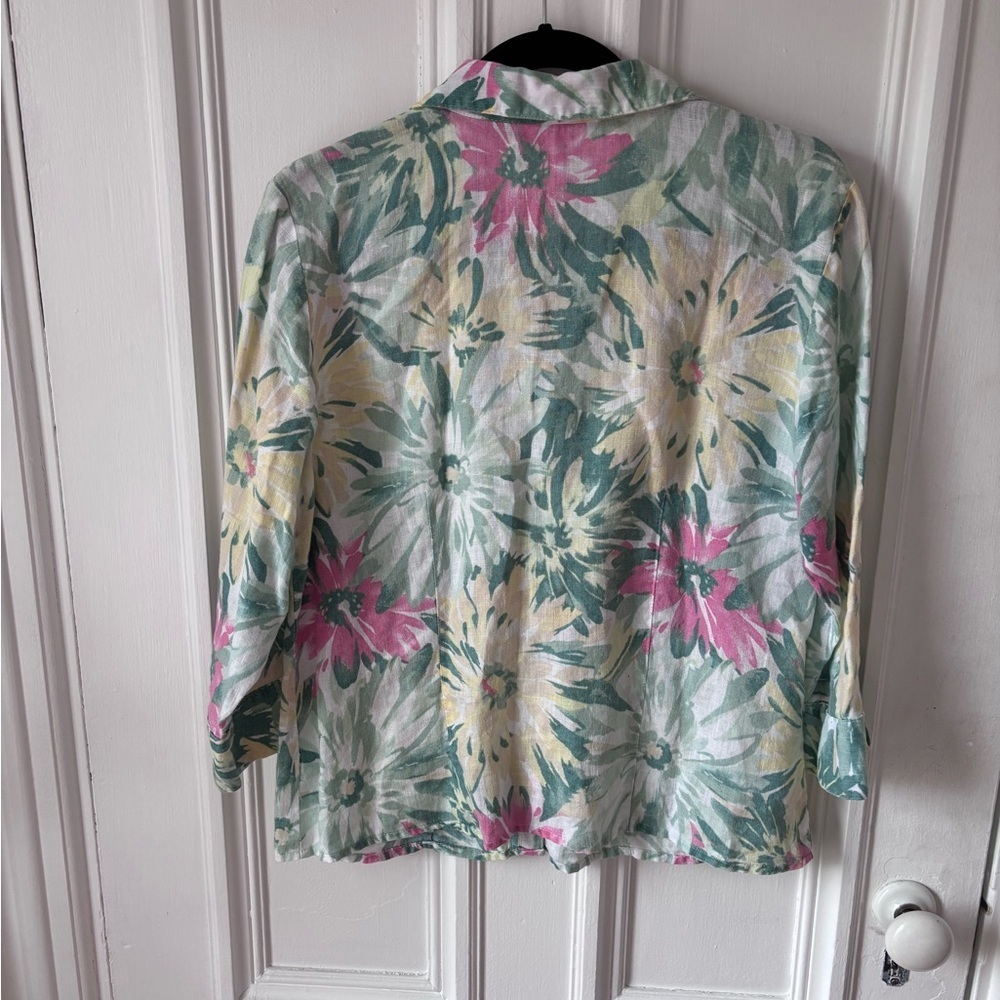 JM Collection Women’s 100% Linen 3/4 Sleeve Button Front Floral Pink /Green Top - Picture 4 of 9